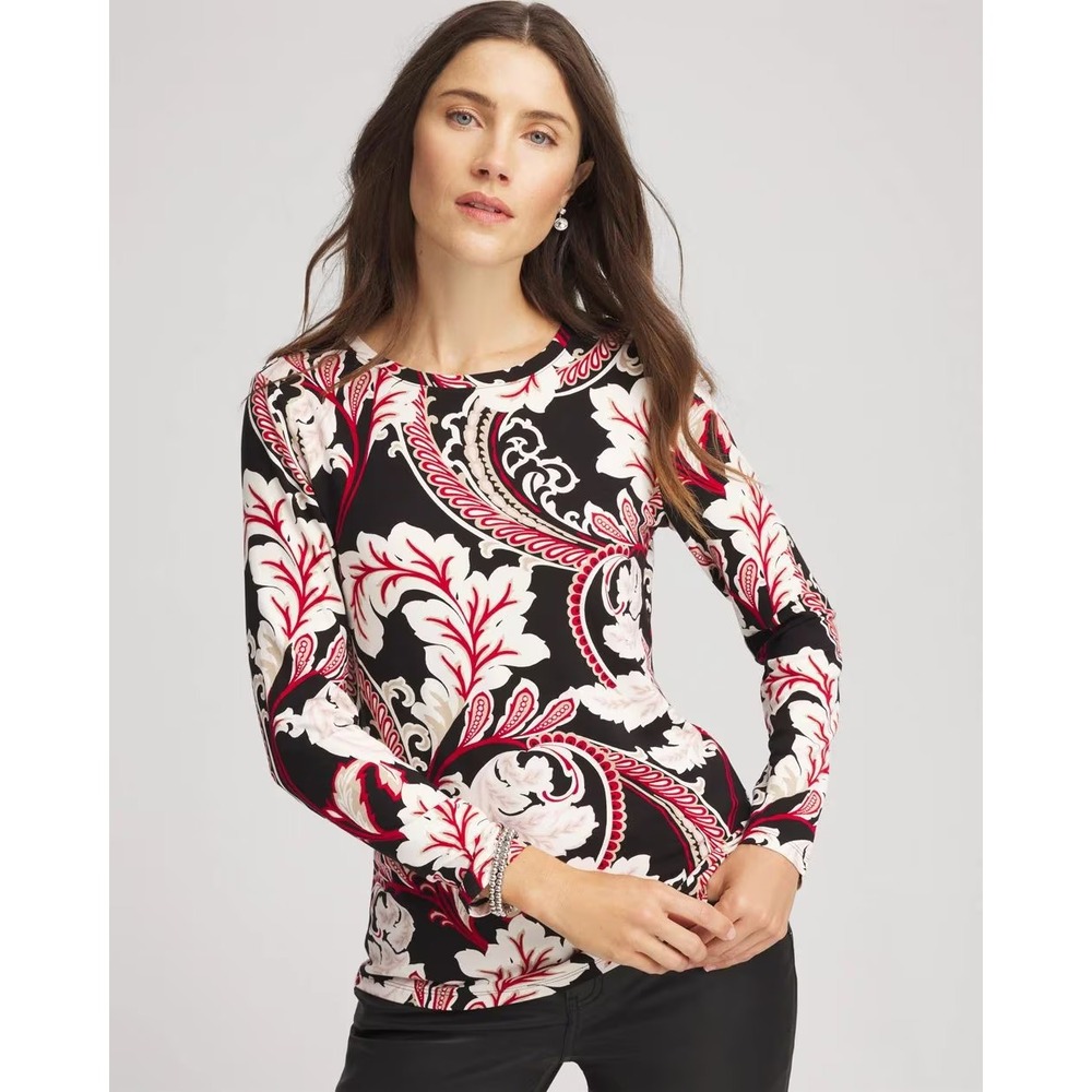CHICOS 2/L Touch‎ of Cool Filigree Floral Stretch Long Sleeve Layering Tee Top